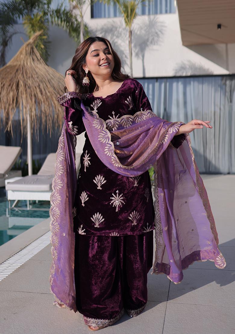 Purple Zari Work Velvet Anarkali Set - Indya