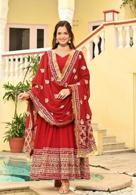 Maroon Zari Work Faux Blooming Anarkali With Dupatta