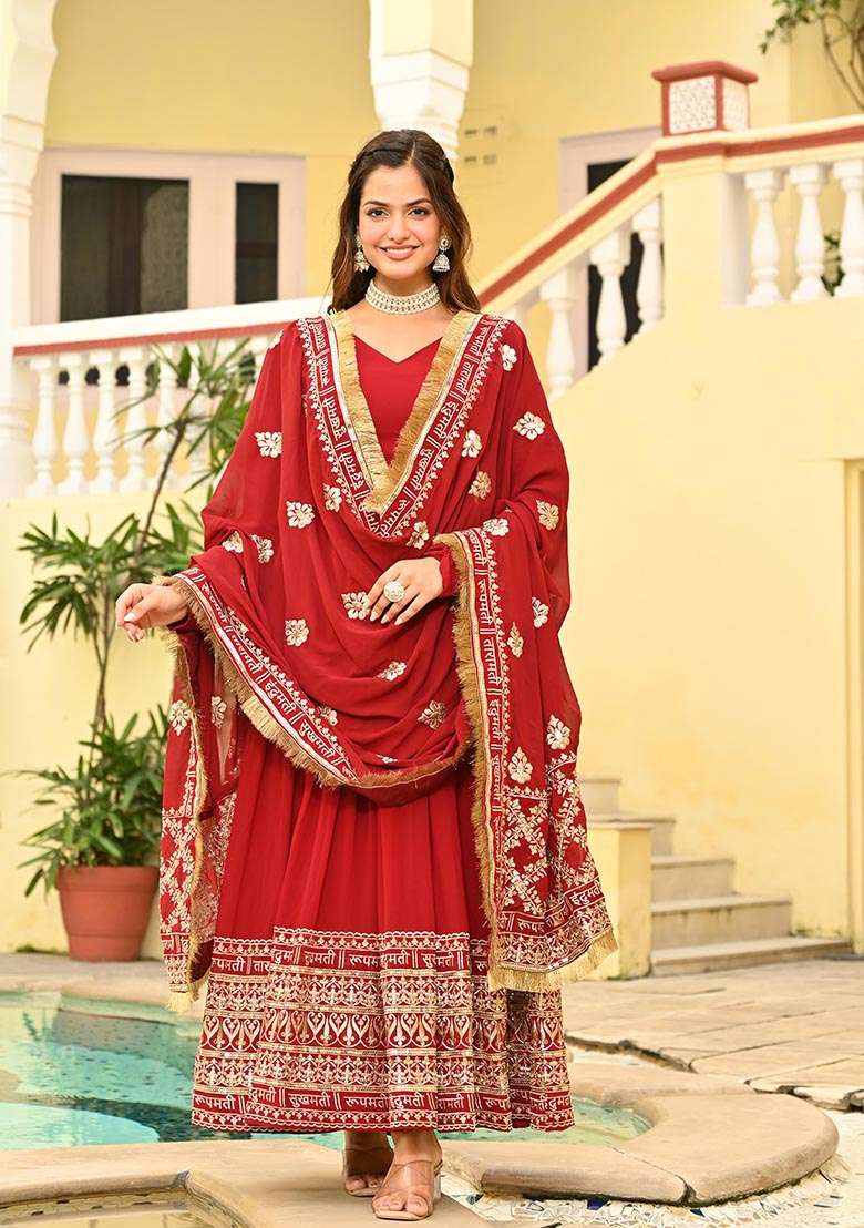 Maroon Zari Work Faux Blooming Anarkali With Dupatta - Indya