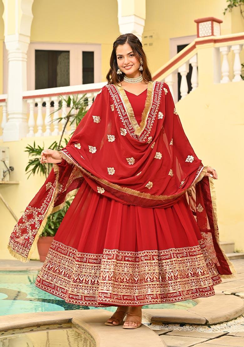 Maroon Zari Work Faux Blooming Anarkali With Dupatta - Indya