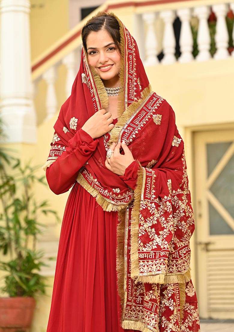 Maroon Zari Work Faux Blooming Anarkali With Dupatta - Indya