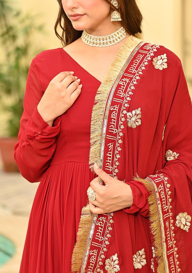 Maroon Zari Work Faux Blooming Anarkali With Dupatta - Indya