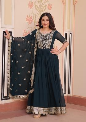 Rama Zari Work Faux Blooming Anarkali With Dupatta