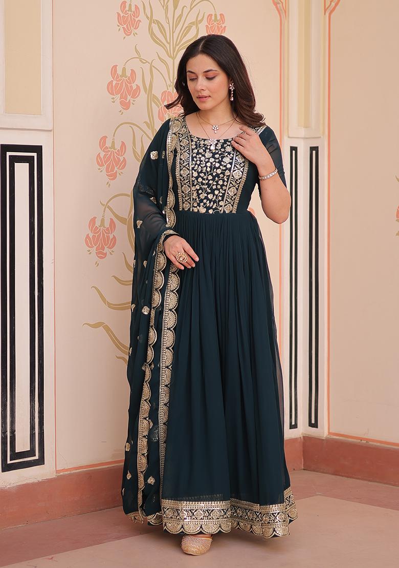 Rama Zari Work Faux Blooming Anarkali With Dupatta - Indya