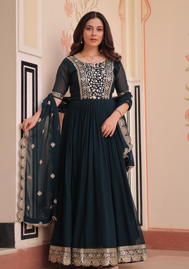 Rama Zari Work Faux Blooming Anarkali With Dupatta - Indya