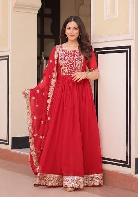 Red Zari Work Faux Blooming Anarkali With Dupatta