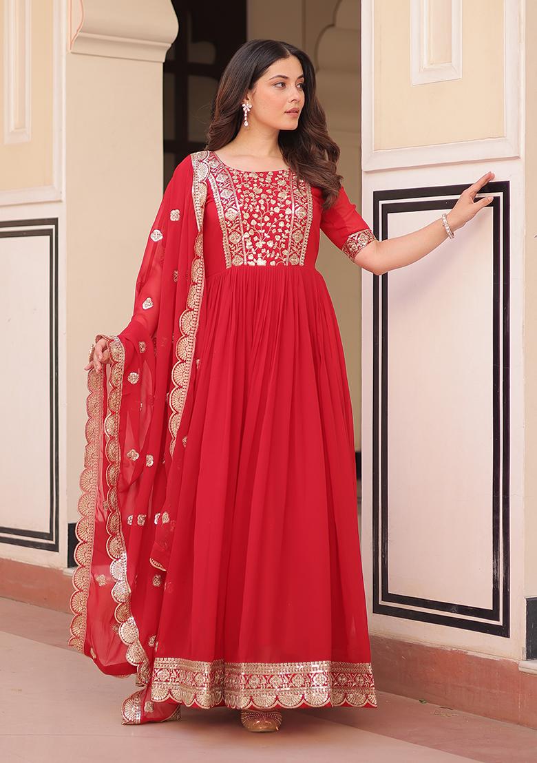 Red Zari Work Faux Blooming Anarkali With Dupatta - Indya