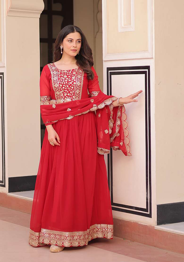 Red Zari Work Faux Blooming Anarkali With Dupatta - Indya