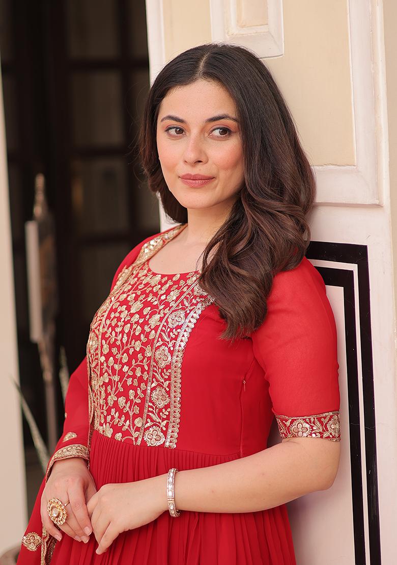 Red Zari Work Faux Blooming Anarkali With Dupatta - Indya