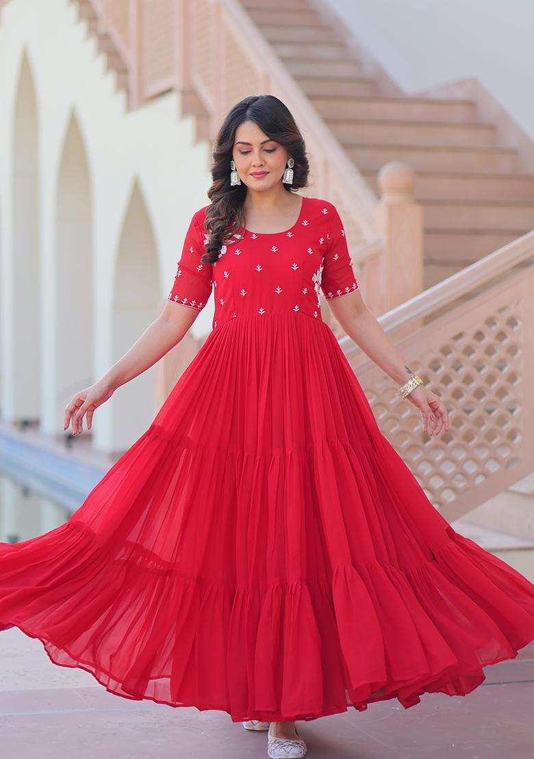 Red Beads Work Faux Blooming Anarkali - Indya