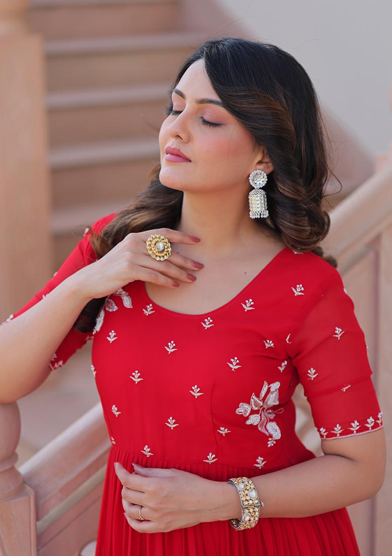 Red Beads Work Faux Blooming Anarkali - Indya