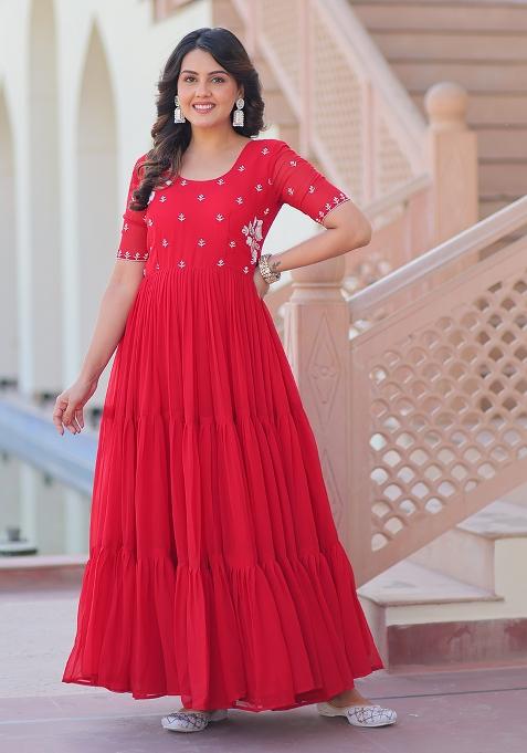 Red Beads Work Faux Blooming Anarkali