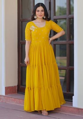 Yellow Beads Work Faux Blooming Anarkali