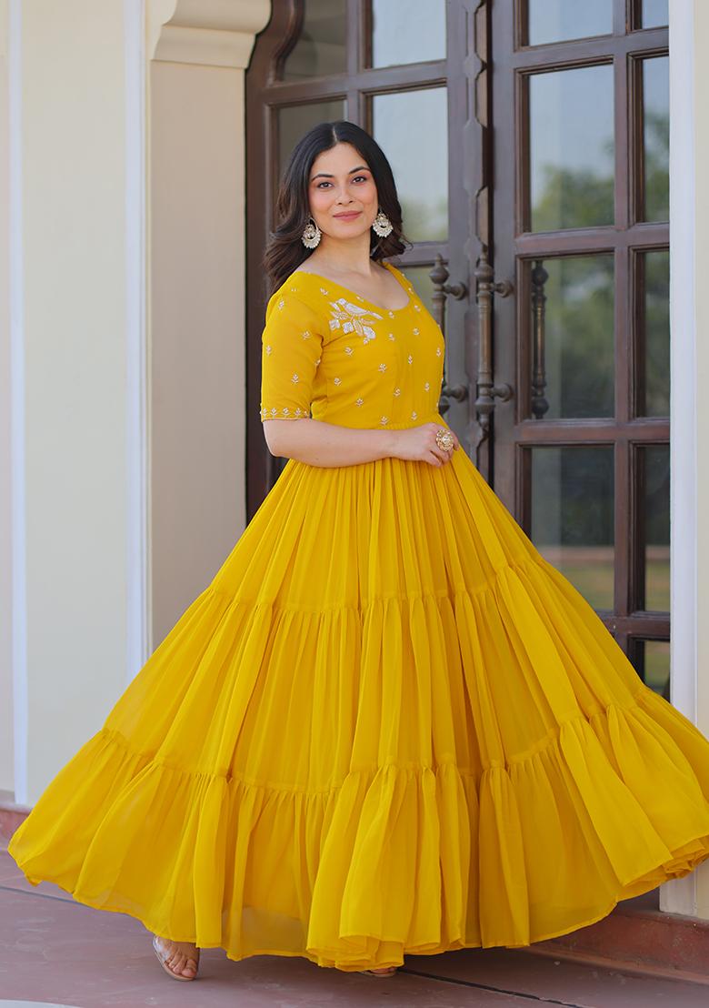 Yellow Beads Work Faux Blooming Anarkali - Indya