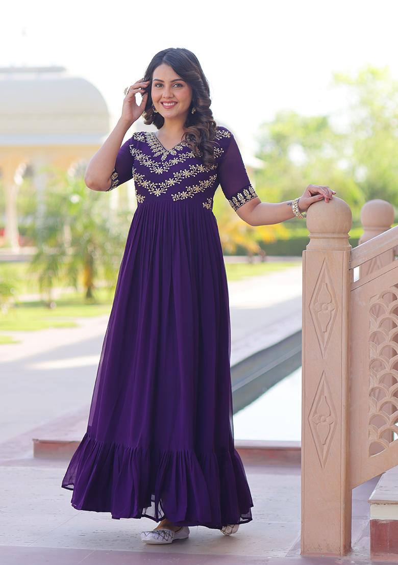 Purple Beads Work Faux Blooming Anarkali - Indya