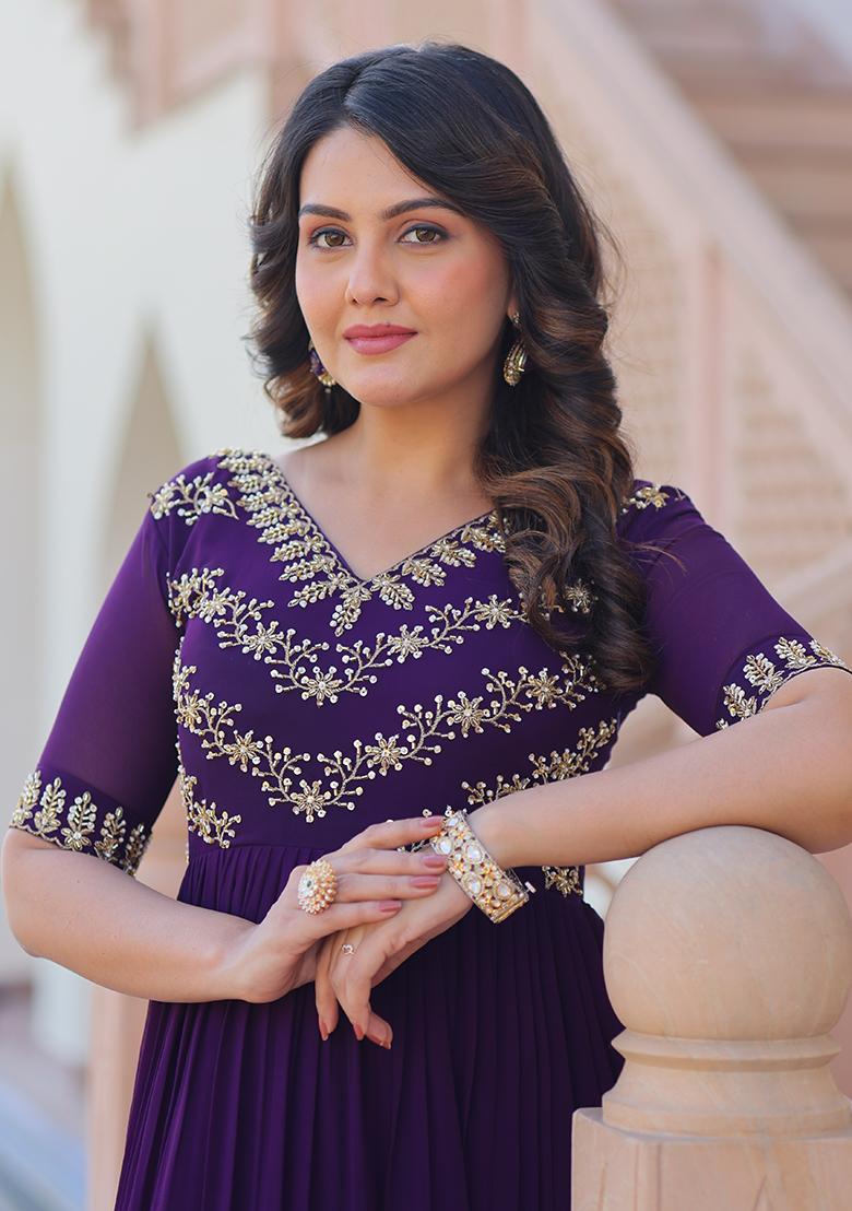 Purple Beads Work Faux Blooming Anarkali - Indya