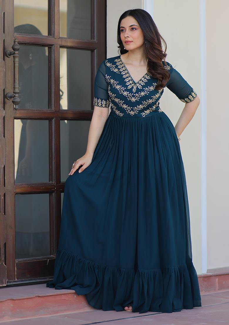 Rama Beads Work Faux Blooming Anarkali - Indya