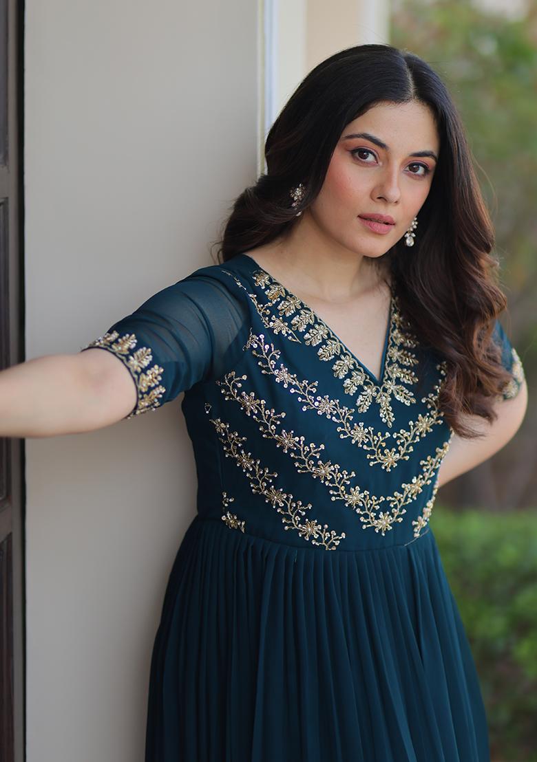 Rama Beads Work Faux Blooming Anarkali - Indya