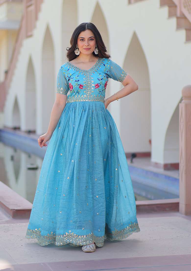 Sky Blue Zari Work Gold Crush Anarkali - Indya