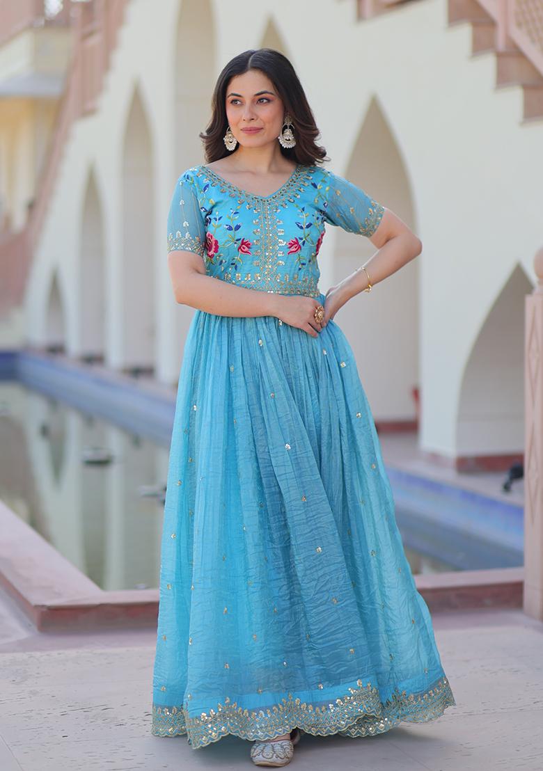 Sky Blue Zari Work Gold Crush Anarkali - Indya