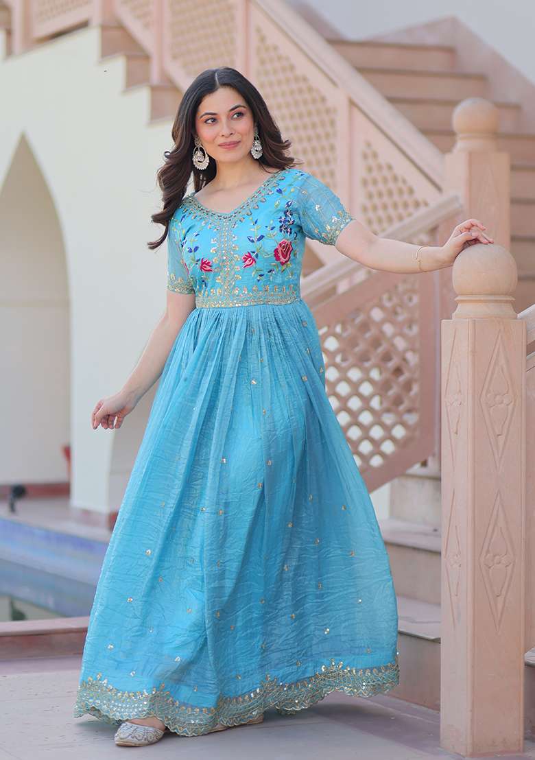 Sky Blue Zari Work Gold Crush Anarkali - Indya