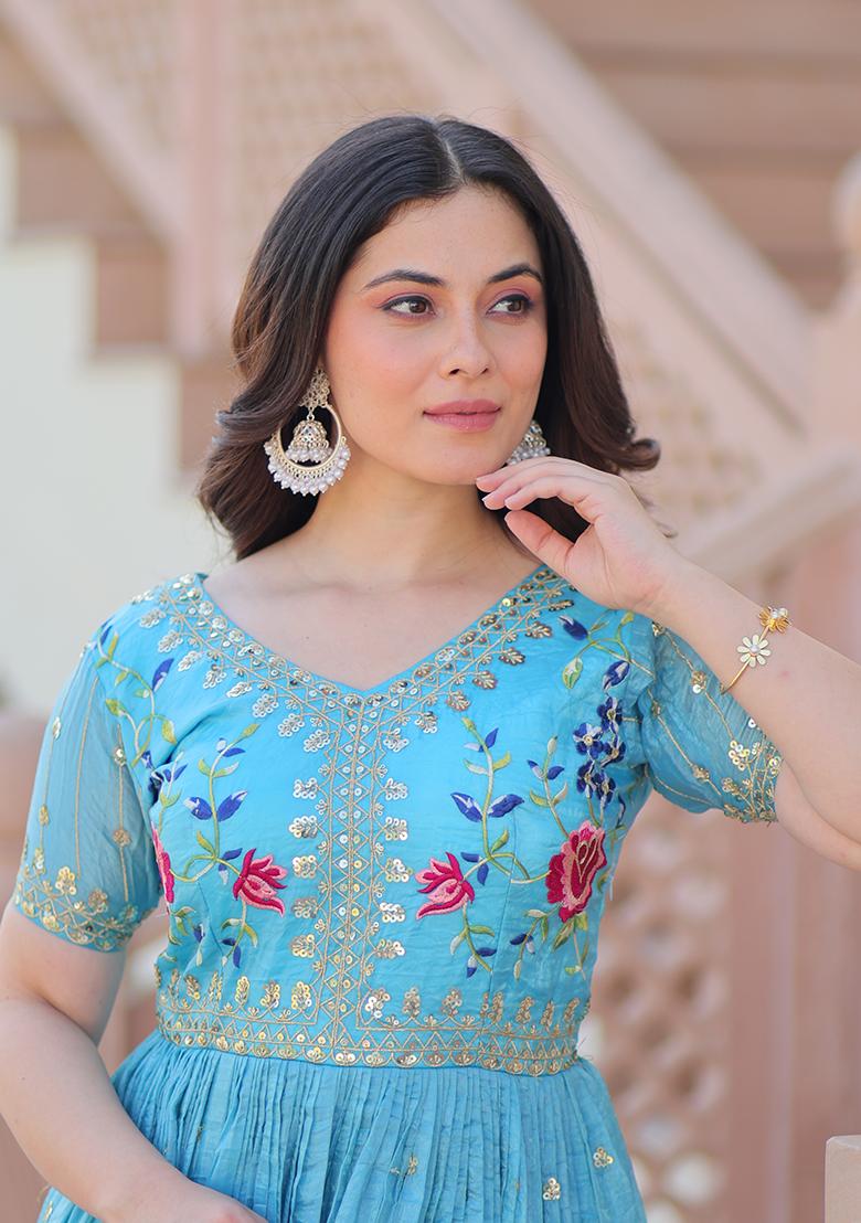 Sky Blue Zari Work Gold Crush Anarkali - Indya
