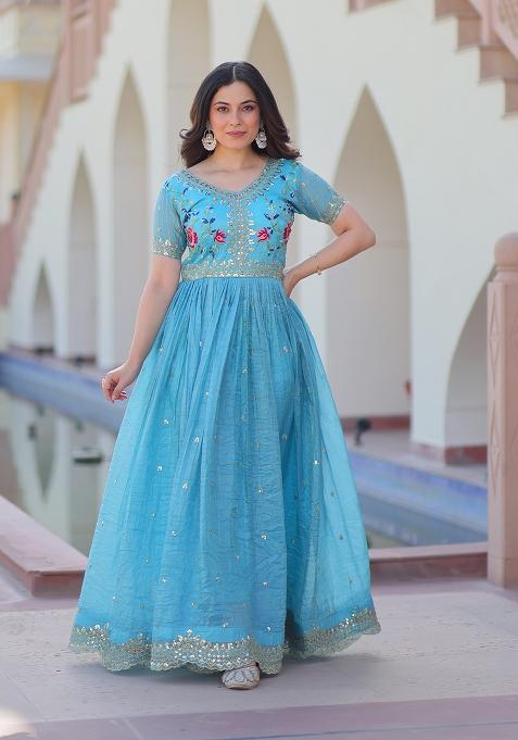 Sky Blue Zari Work Gold Crush Anarkali
