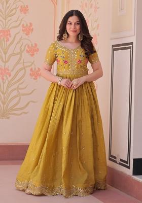 Yellow Zari Work Gold Crush Anarkali