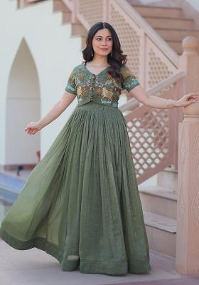 Green Embroidered Silver Crunchy Anarkali With Koti
