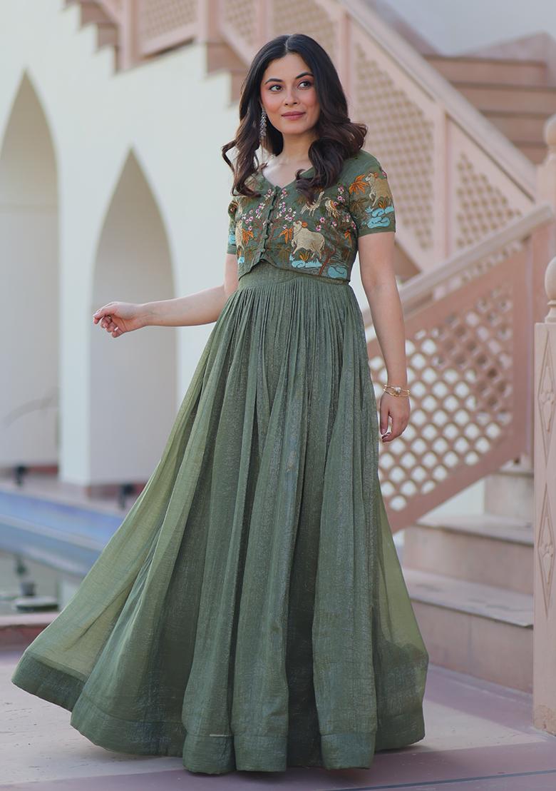 Green Embroidered Silver Crunchy Anarkali With Koti - Indya
