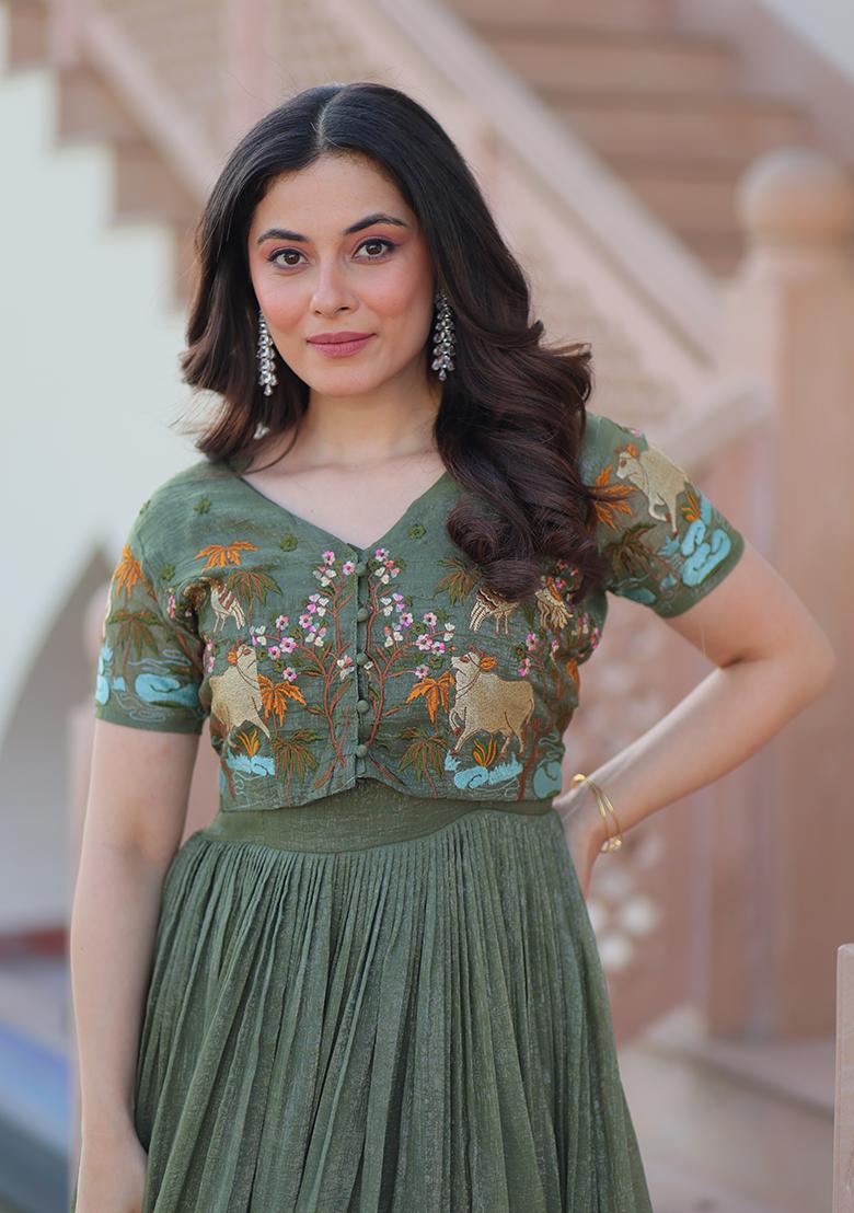 Green Embroidered Silver Crunchy Anarkali With Koti - Indya