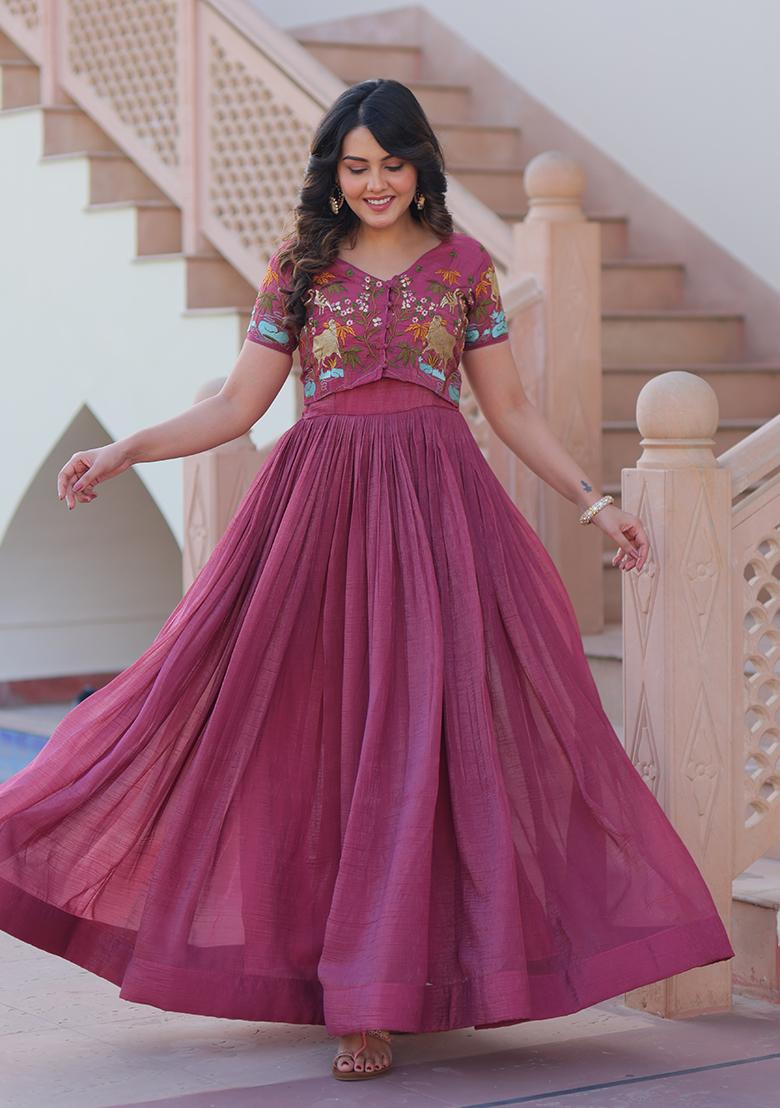 Onion Embroidered Silver Crunchy Anarkali With Koti - Indya