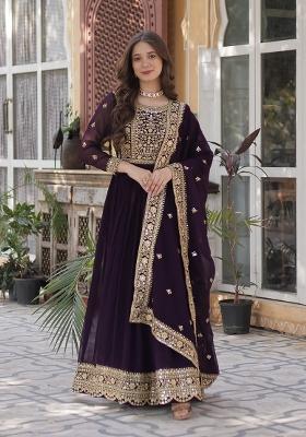 Wine Zari Work Faux Blooming Anarkali With Dupatta