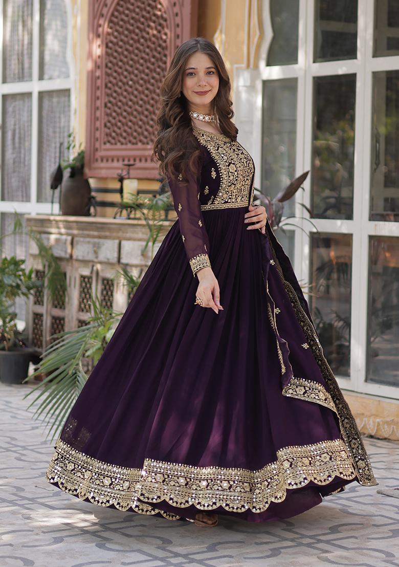 Wine Zari Work Faux Blooming Anarkali With Dupatta - Indya