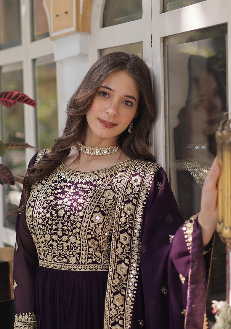 Wine Zari Work Faux Blooming Anarkali With Dupatta - Indya