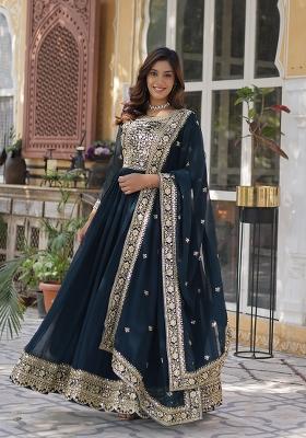 Rama Zari Work Faux Blooming Anarkali With Dupatta