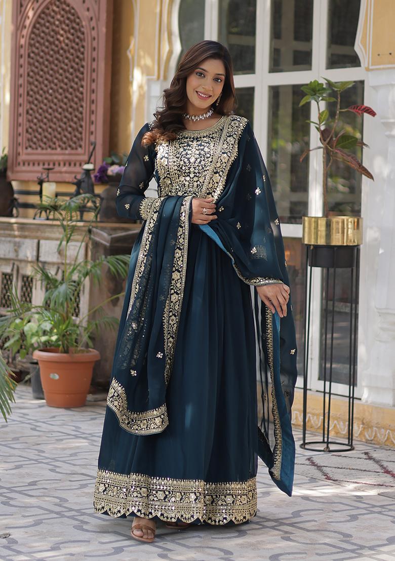 Rama Zari Work Faux Blooming Anarkali With Dupatta - Indya