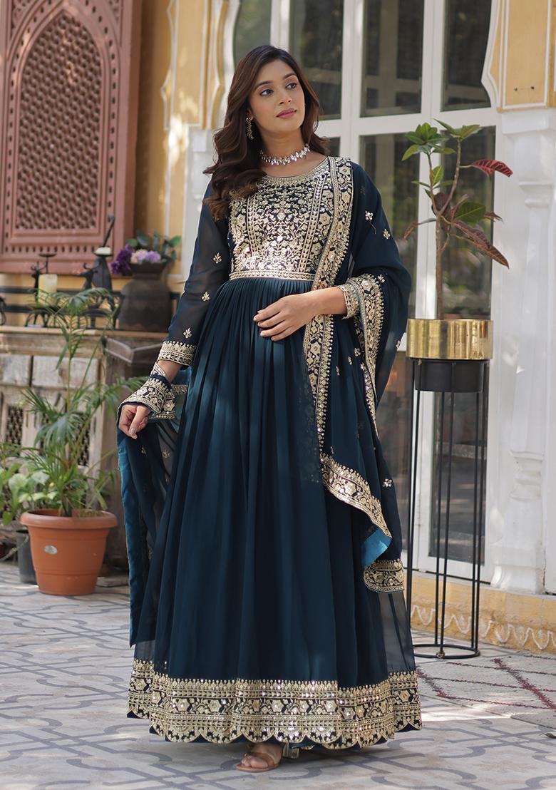 Rama Zari Work Faux Blooming Anarkali With Dupatta - Indya