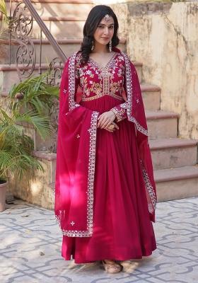 Pink Zari Work Faux Blooming Anarkali With Dupatta