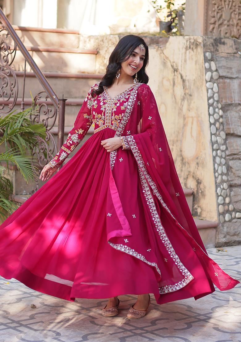 Pink Zari Work Faux Blooming Anarkali With Dupatta - Indya