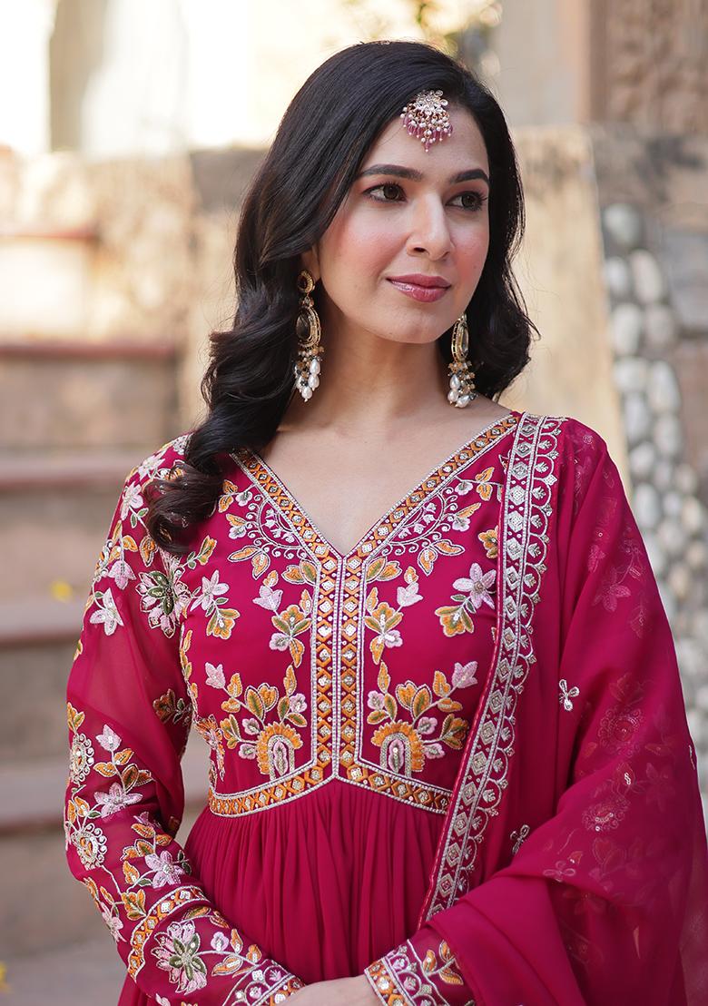 Pink Zari Work Faux Blooming Anarkali With Dupatta - Indya