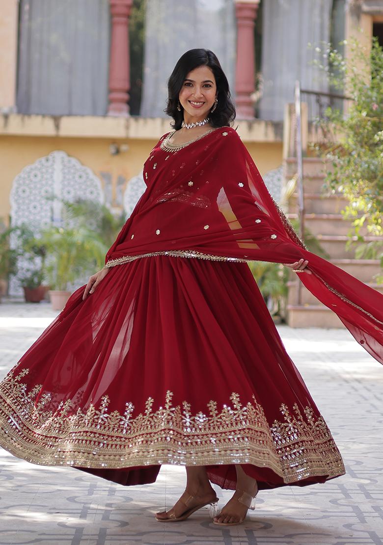 Maroon Zari Work Faux Blooming Anarkali With Dupatta - Indya
