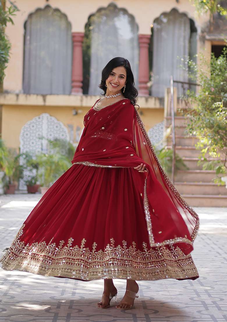 Maroon Zari Work Faux Blooming Anarkali With Dupatta - Indya