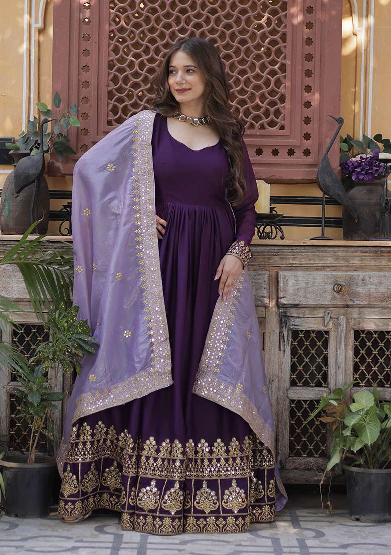 Purple Zari Work Georgette Anarkali With Dupatta - Indya