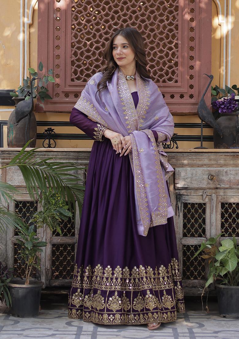 Purple Zari Work Georgette Anarkali With Dupatta - Indya