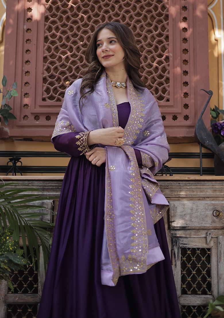 Purple Zari Work Georgette Anarkali With Dupatta - Indya