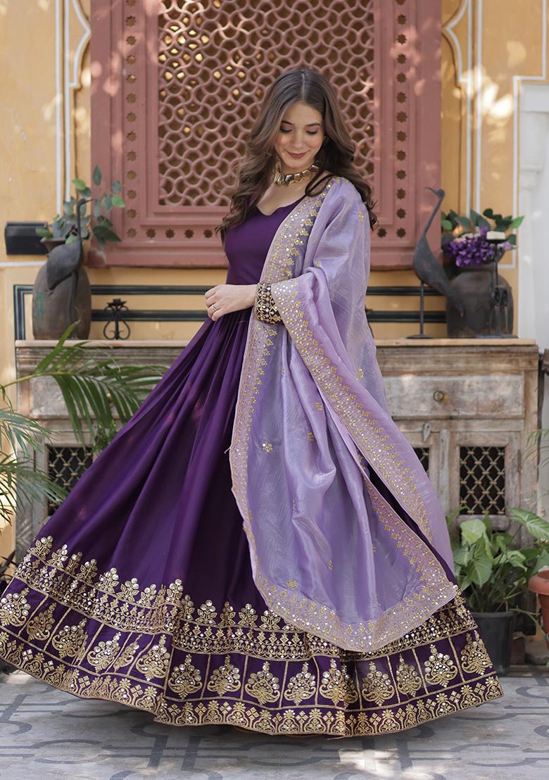 Purple Zari Work Georgette Anarkali With Dupatta - Indya