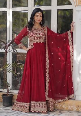 Maroon Zari Work Faux Blooming Anarkali With Dupatta
