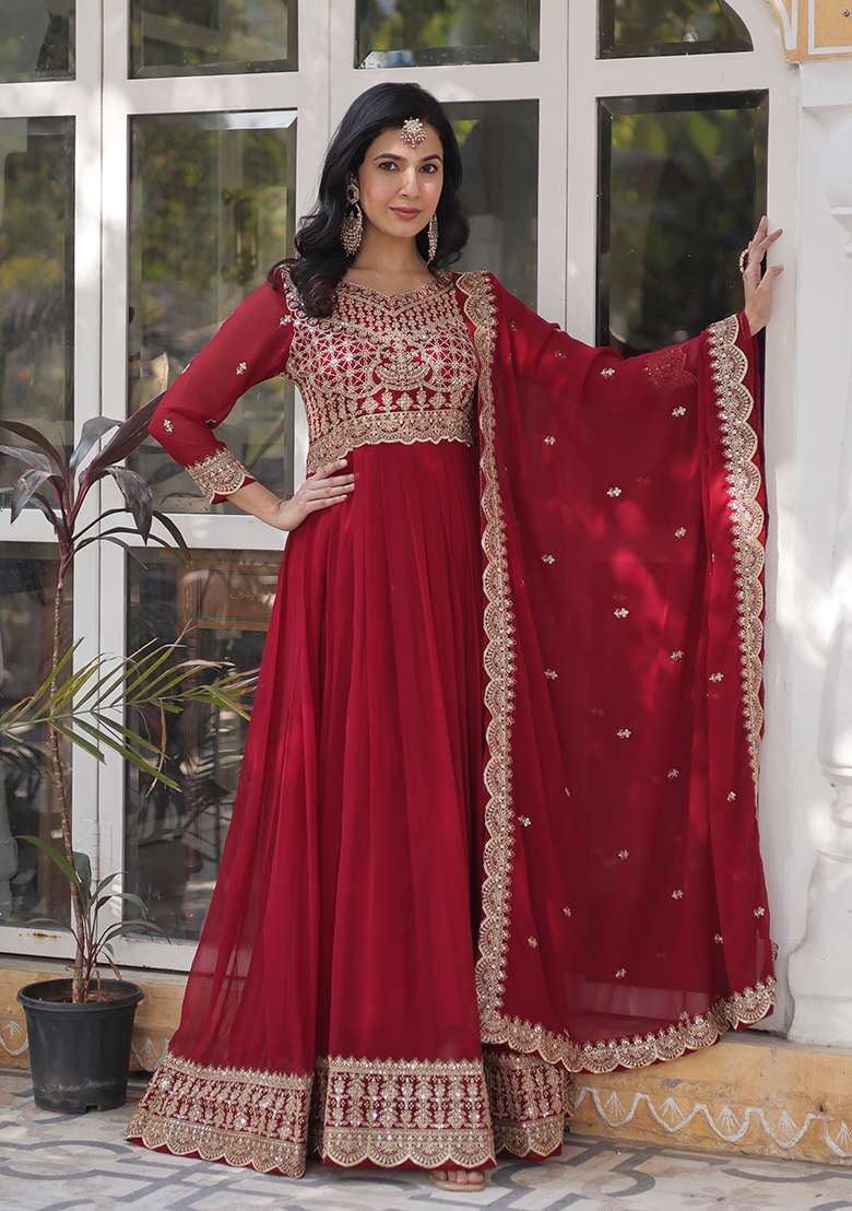 Maroon Zari Work Faux Blooming Anarkali With Dupatta - Indya