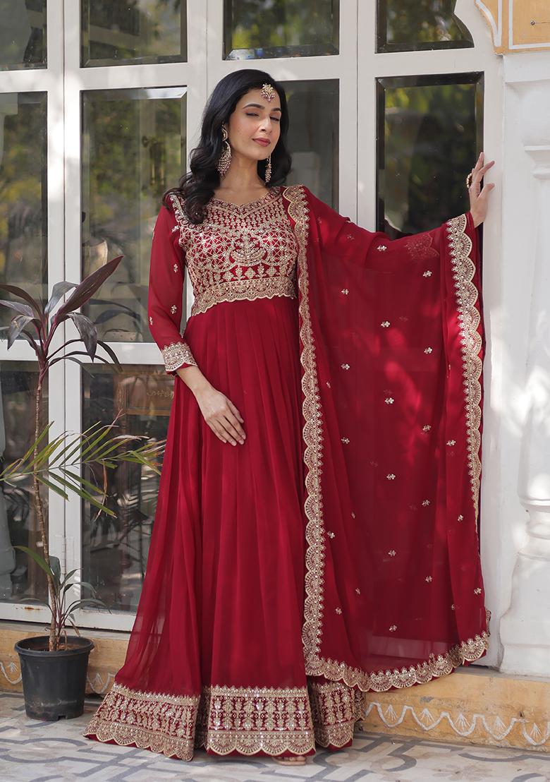 Maroon Zari Work Faux Blooming Anarkali With Dupatta - Indya